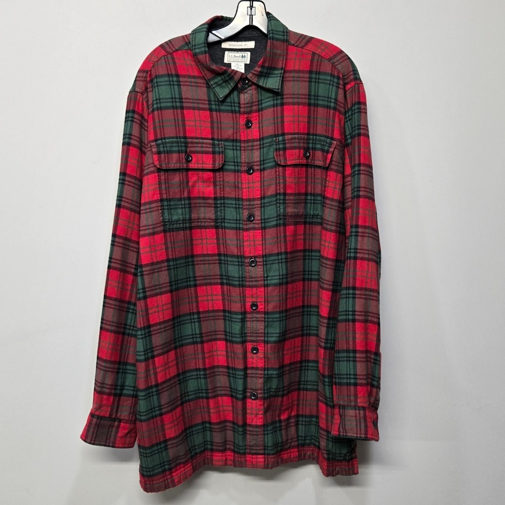 Vintage Y2K L.L. Bean Flannel Shirt Large Tall Red Plaid Fleece Lined Cabincore